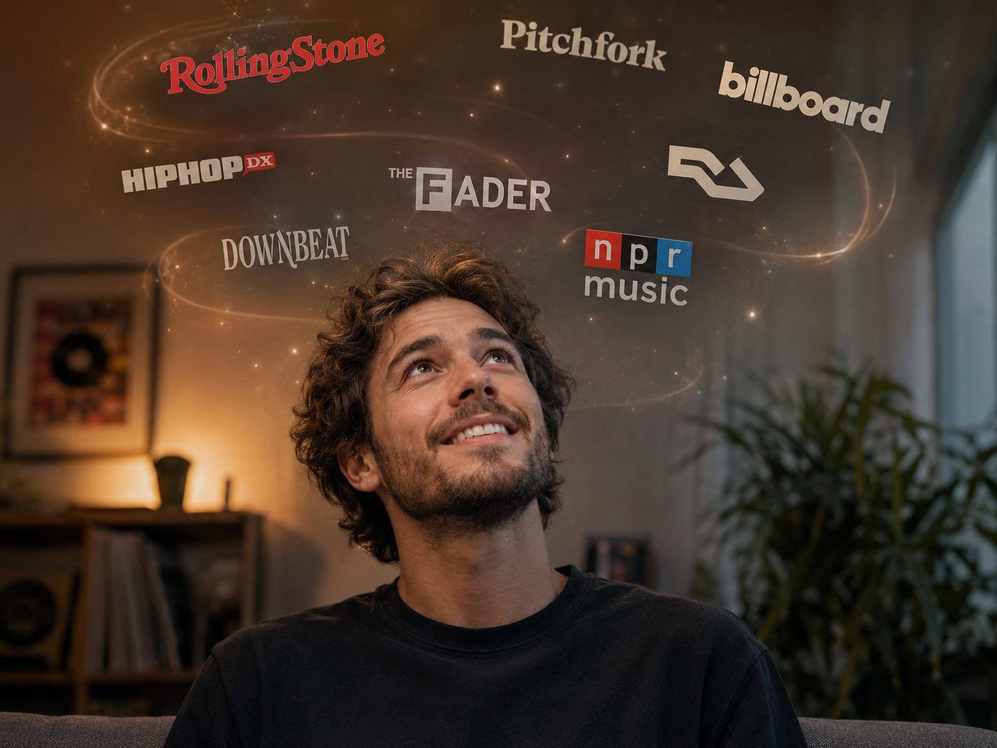 A music fan surrounded by floating logos of music publications whose articles Earbug delivers