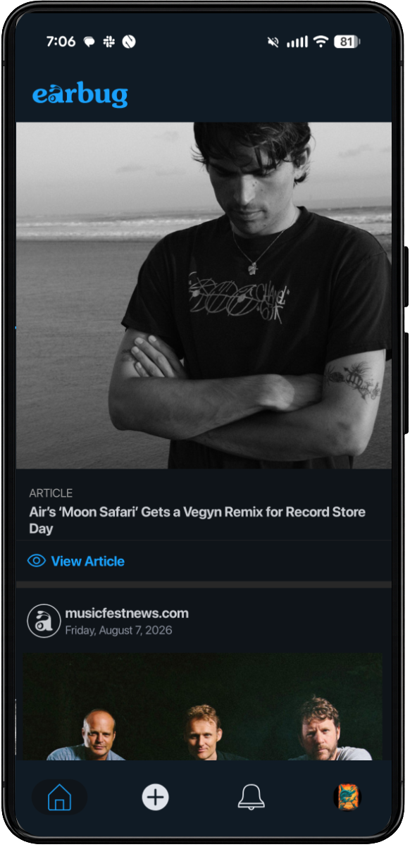 Earbug Article screen showing a news article feed for your favorite artists