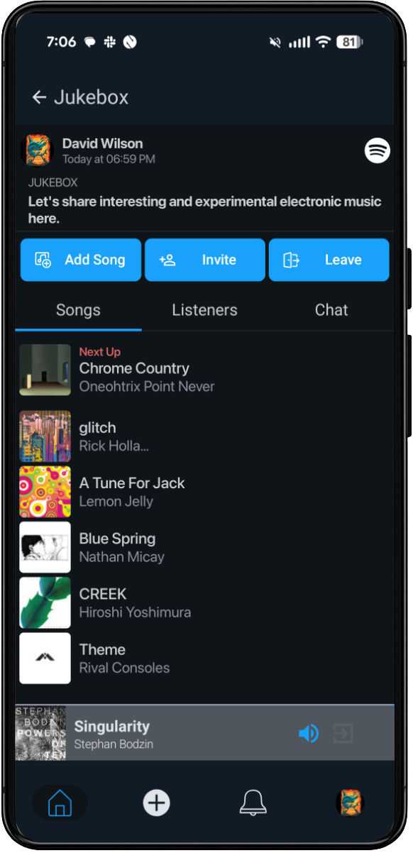 Earbug Jukebox screen showing a shared queue with songs from multiple listeners