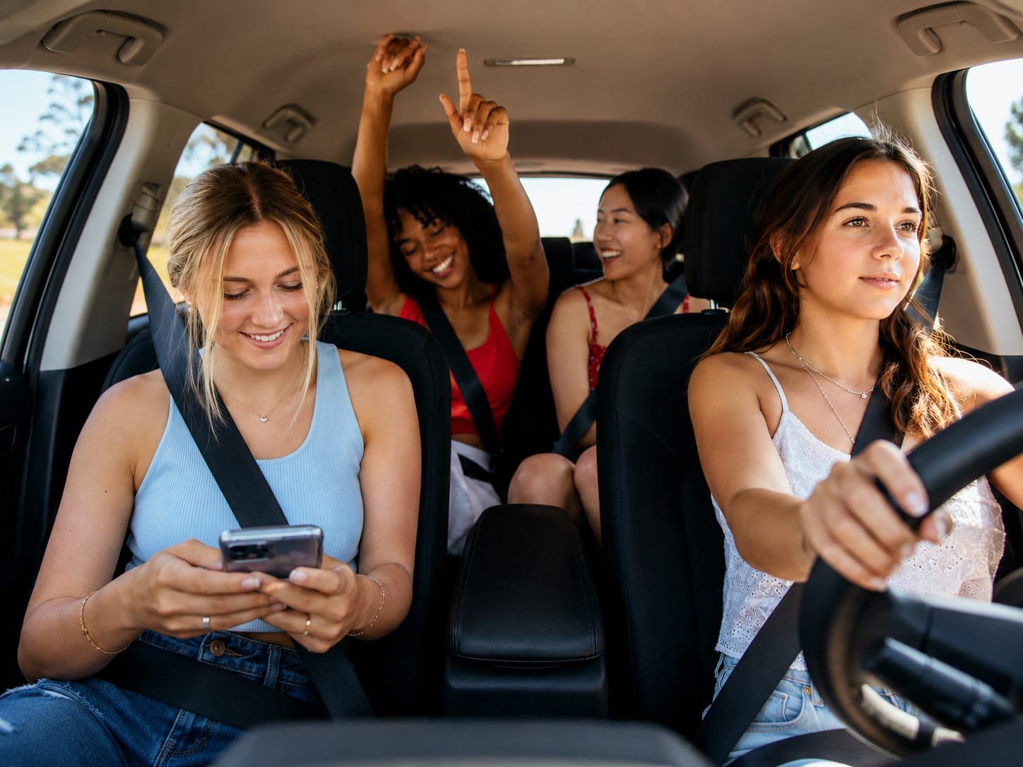 Friends on a road trip sharing music together through an Earbug jukebox session