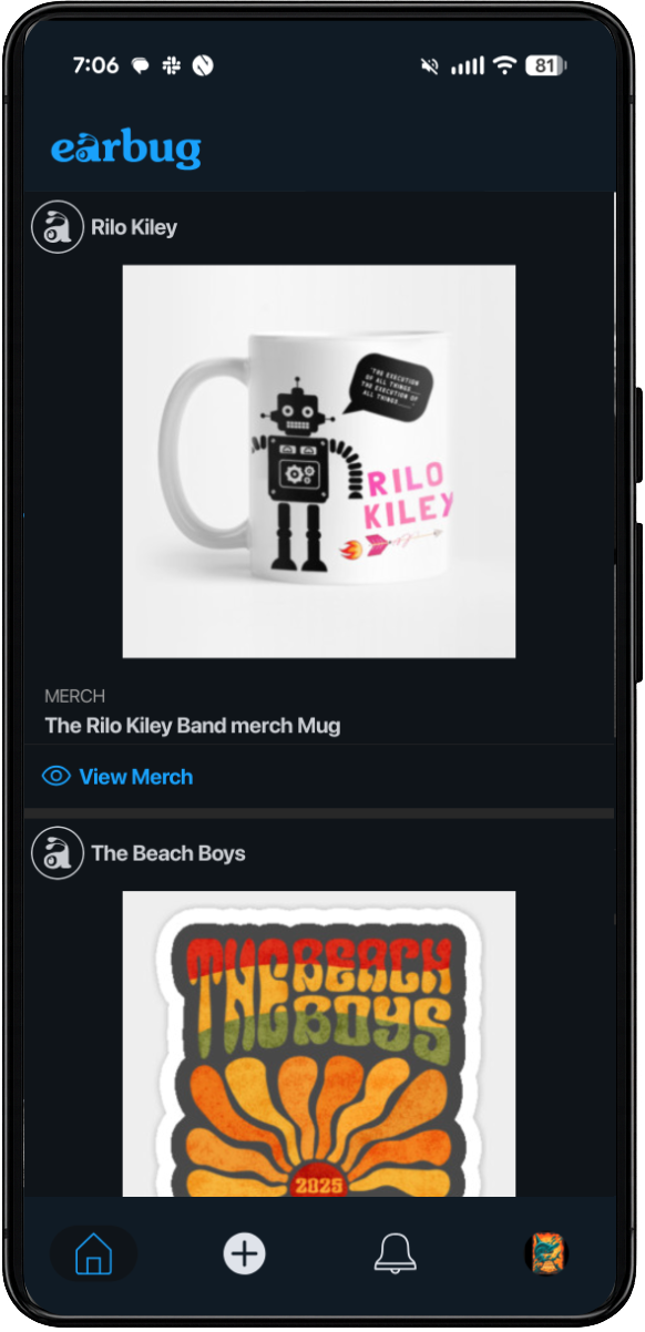 Earbug Merch screen showing merchandise for your favorite artists