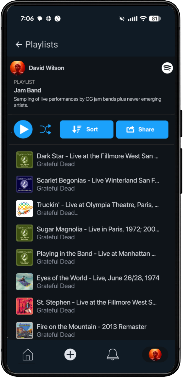 Earbug Playlist screen showing a shared playlist with cross-platform song sharing