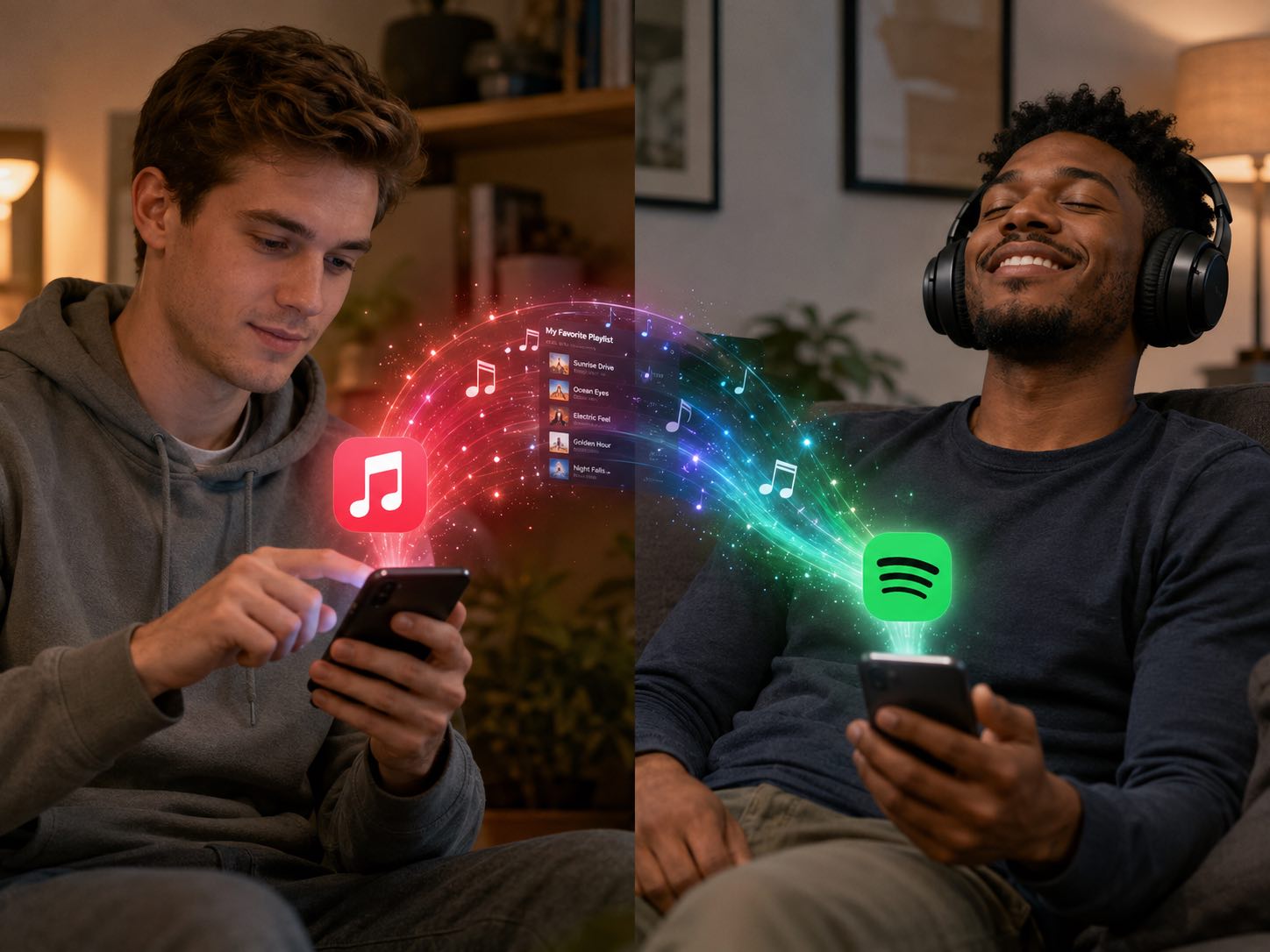 Two friends each enjoying a shared Earbug playlist on their own preferred streaming app